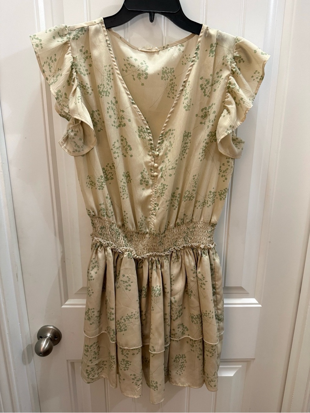 Easel  Cream Floral Ruffle  mini Dress with Smocked Waist. Size S